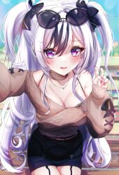Rule 34 | 1girl, azur lane, bare shoulders, black bow, black hair, black skirt, bow, bra strap, brown sweater, choker, commentary, elbe (azur lane), elbe (pure-hearted bad girl) (azur lane), eyewear on head, garter straps, hair between eyes, hair bow, highres, jewelry, lens flare, long hair, long sleeves, looking at viewer, miniskirt, nail polish, necklace, off-shoulder sweater, off shoulder, open mouth, pencil skirt, pink nails, purple eyes, skirt, solo, sunglasses, sweater, two side up, umidemi, very long hair, white hair