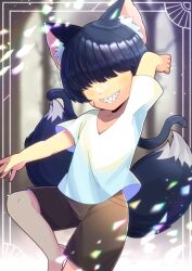 Rule 34 | animal ear fluff, animal ears, arm up, barefoot, black hair, blurry, blurry background, brown shorts, collarbone, commentary request, commission, depth of field, facing viewer, grin, hair over eyes, kou hiyoyo, multiple tails, original, sharp teeth, shirt, sho-to the kitsubai, shorts, skeb commission, smile, solo, tail, teeth, two tails, white shirt
