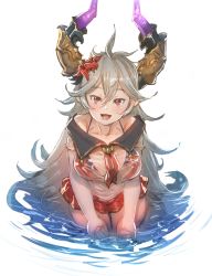 Rule 34 | 1girl, :d, ahoge, bikini, blush, bow (bhp), breasts, flower, granblue fantasy, green eyes, grey hair, hair between eyes, hair flower, hair ornament, horns, large breasts, long hair, looking at viewer, neckerchief, open mouth, pointy ears, red bikini, red flower, red neckerchief, red skirt, see-through, simple background, skirt, smile, solo, standing, swimsuit, threo (eternal&#039;s summer vacation) (granblue fantasy), threo (granblue fantasy), very long hair, wading, water, white background