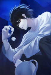 Rule 34 | 1boy, black eyes, black hair, black pants, blue sky, building, cloud, cloudy sky, collarbone, commentary, cup, death note, english commentary, from below, highres, holding cube, l (death note), long sleeves, looking at viewer, night, outdoors, pants, shirt, short hair, sidelocks, sky, skyscraper, solo, squatting, sugar cube, teacup, und0, white shirt