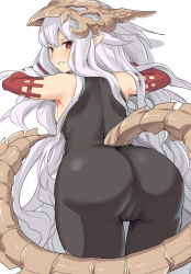 Rule 34 | 1girl, ass, back, bare shoulders, black bodysuit, blush, bodysuit, breasts, elbow gloves, gloves, granblue fantasy, headpiece, long hair, looking at viewer, looking back, medusa (shingeki no bahamut), open mouth, pointy ears, red eyes, red gloves, shingeki no bahamut, shiseki hirame, silver hair, simple background, tail, thighs, very long hair, white background