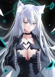 Rule 34 | 1girl, absurdres, animal ear fluff, animal ears, aqua eyes, black choker, black dress, black gloves, blue archive, blush, breasts, choker, cleavage, closed mouth, commentary, cross hair ornament, dress, gloves, grey hair, hair ornament, halo, heart, heart hands, highres, large breasts, long hair, long sleeves, looking down, mismatched pupils, self-upload, shiraitoart983, shiroko (blue archive), shiroko terror (blue archive), solo, very long hair, wide sleeves, wolf ears