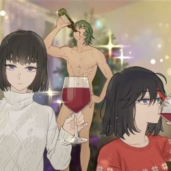 Rule 34 | 1boy, 2girls, abs, alcohol, blue eyes, blurry, bottle, closed mouth, commentary request, covering privates, covering crotch, cup, drinking, drinking glass, expressionless, hand up, highres, holding, holding cup, indoors, jibek lily, kill la kill, kiryuuin satsuki, korean commentary, long sleeves, looking at viewer, matoi ryuuko, meme, multiple girls, nude, photo-referenced, red sweater, sanageyama uzu, siblings, sisters, sparkle, sweater, toned, toned male, white sweater, wine, wine glass