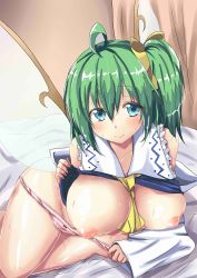 Rule 34 | 1girl, ahoge, alternate breast size, ascot, between breasts, blue eyes, bow, bow panties, breasts, chan (akuty ikkot), daiyousei, detached sleeves, fairy wings, green hair, hair between eyes, hair ribbon, highres, indoors, large breasts, lying, nipples, on bed, panties, panty pull, pink panties, pulling own clothes, red bow, ribbon, side ponytail, solo, sweat, thighs, touhou, underwear, wings, yellow ribbon
