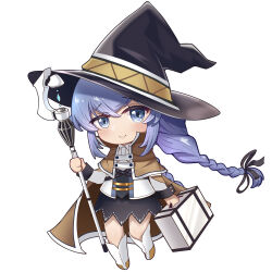 Rule 34 | 1girl, black hat, black ribbon, black skirt, blue eyes, blush, boots, braid, brown cloak, capelet, chibi, cloak, closed mouth, crystal, eyebrows hidden by hair, flat chest, full body, hair between eyes, hair ribbon, hat, head tilt, highres, holding, holding staff, holding suitcase, jacket, mage staff, mushoku tensei, rfg rozen, ribbon, roxy migurdia, simple background, skirt, smile, solo, staff, suitcase, twin braids, white background, white capelet, white footwear, white jacket, witch hat