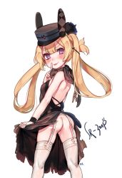 Rule 34 | absurdres, ass, backless dress, backless outfit, black hat, blonde hair, blush, dress, garter straps, girls&#039; frontline, hat, highres, long hair, looking at viewer, looking back, official alternate costume, purple eyes, shan, simple background, solo, sr-3mp (bunny macchiato) (girls&#039; frontline), sr-3mp (girls&#039; frontline), thighhighs, white background, white thighhighs