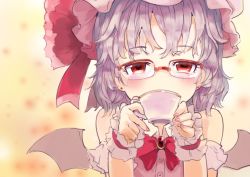 Rule 34 | 1girl, arms up, bare shoulders, bat wings, bespectacled, blurry, blurry background, blush, bow, bowtie, brooch, commentary request, cup, detached sleeves, drinking, earrings, glasses, hat, holding, holding cup, jewelry, light purple hair, looking at viewer, mob cap, nail polish, over-rim eyewear, pink nails, red-framed eyewear, red bow, red bowtie, red eyes, remilia scarlet, semi-rimless eyewear, short hair, sinzan, sketch, solo, stud earrings, teacup, touhou, upper body, wings, yellow background