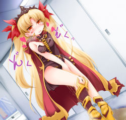 Rule 34 | 1girl, anbee (arary), armored boots, between legs, black leotard, blonde hair, blush, boots, bow, breasts, breath, cape, crown, detached collar, door, dutch angle, earrings, embarrassed, ereshkigal (fate), fate/grand order, fate (series), female focus, hair bow, hand between legs, have to pee, heart, highres, indoors, japanese text, jewelry, leotard, long hair, looking at viewer, medium breasts, open mouth, own hands together, peeing, peeing self, pigeon-toed, puddle, red bow, red cape, red eyes, single sleeve, skull, smile, solo, speech bubble, standing, steam, strapless, strapless leotard, tears, textless version, translation request, twintails, v arms, very long hair, wet, wet clothes, yellow footwear
