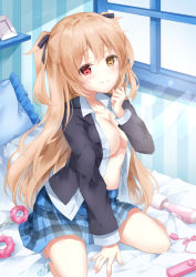 Rule 34 | alternate costume, black jacket, black ribbon, blue skirt, breasts, brown eyes, cleavage, hair ribbon, heterochromia, highres, indoors, jacket, kantai collection, large breasts, light brown hair, long hair, looking at viewer, murasame (kancolle), open clothes, open shirt, plaid, plaid skirt, red eyes, ribbon, school uniform, sex toy, shirt, sitting, skirt, smile, solo, sugisaki yuu, two side up, vibrator, white shirt