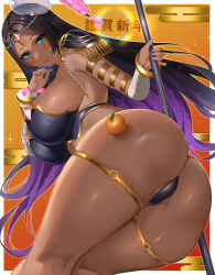 Rule 34 | 1girl, arm wrap, armlet, armor, ass, bandaged arm, bandages, bikini armor, black armor, black hair, bracelet, breasts, circlet, cleavage, dark-skinned female, dark skin, facial mark, fate/grand order, fate (series), food, forehead jewel, fruit, green eyes, hat, highres, jewelry, kisaragi tsurugi, large breasts, long hair, looking at viewer, looking back, mandarin orange, oppai mochi, parted bangs, pauldrons, scheherazade (fate), shoulder armor, smile, solo, staff, thick thighs, thighlet, thighs, translation request