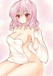 Rule 34 | 1girl, absurdres, blush, breasts, convenient censoring, convenient leg, highres, holding, holding towel, large breasts, looking at viewer, naked towel, pink hair, red eyes, saigyouji yuyuko, short hair, sitting, smile, solo, touhou, towel, traditional media, waitan1729