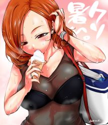 Rule 34 | 1girl, abe tsukumo, arm up, bag, becky lynch, blush, book, bra, bracelet, breasts, cleavage, collarbone, curvy, ear piercing, eating, food, hand in own hair, ice cream, jewelry, large breasts, long hair, looking down, messy hair, nervous sweating, original, piercing, plump, red eyes, red hair, ring, see-through, soft serve, summer, sweat, translation request, underwear, very sweaty, wwe, wwe diva