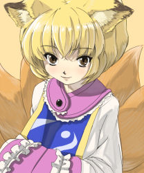 Rule 34 | 1girl, animal ears, blonde hair, brown eyes, female focus, fox ears, fox tail, hands in opposite sleeves, multiple tails, no headwear, shiba itsuki, sibaki, simple background, smile, solo, surcoat, tail, touhou, upper body, yakumo ran, yellow background
