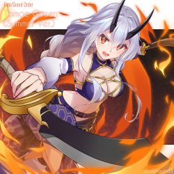 Rule 34 | 1girl, artist name, bare shoulders, bikini, bikini top only, black horns, breasts, character name, cleavage, commentary request, copyright name, dark hound 3, dual wielding, earrings, english text, fate/grand order, fate (series), fire, hair between eyes, highres, holding, holding sword, holding weapon, hoop earrings, horns, jewelry, long hair, looking at viewer, medium breasts, navel, oni horns, open mouth, red eyes, sarong, silver hair, smile, solo, swimsuit, sword, tomoe gozen (fate), tomoe gozen (swimsuit saber) (fate), tomoe gozen (swimsuit saber) (second ascension) (fate), weapon, wide sleeves
