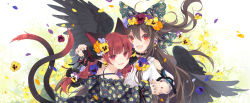Rule 34 | 2girls, :d, adapted costume, ahoge, animal ears, bare shoulders, black choker, black dress, black hair, black ribbon, black wings, blue flower, bow, braid, cat ears, cat tail, choker, clothing cutout, dress, feathered wings, floral print, flower, from behind, green bow, hair between eyes, hair bow, hair flower, hair ornament, hair ribbon, half updo, highres, holding hands, interlocked fingers, kaenbyou rin, long hair, long sleeves, looking at viewer, looking back, multicolored nails, multiple girls, multiple tails, nail polish, nekomata, off-shoulder dress, off shoulder, open mouth, orange flower, pansy, petals, pointy ears, puffy short sleeves, puffy sleeves, purple flower, purple pansy, red eyes, red hair, red nails, reiuji utsuho, ribbon, shirt, short sleeves, shoulder cutout, sidelocks, smile, tail, touhou, toutenkou, twin braids, twintails, two tails, upper body, very long hair, white background, white shirt, wings, yellow flower, yellow pansy