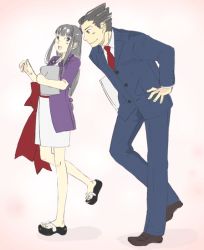 Rule 34 | 1boy, 1girl, ace attorney, beads, black hair, book, brown eyes, brown hair, capcom, formal, japanese clothes, jewelry, maya fey, necklace, necktie, open mouth, phoenix wright, prayer beads, sandals, simple background, smile, suit, tuxedo