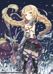 Rule 34 | 1girl, armor, black skirt, blonde hair, blunt bangs, boots, braid, breastplate, breasts, copyright name, flag, floating hair, gauntlets, h2so4, hairband, long hair, long skirt, looking back, night, night sky, parted lips, petals, pleated skirt, qurare magic library, red eyes, red skirt, ribbon, shoulder pads, side braid, sideboob, skirt, sky, solo, standing, star (sky), starry sky, sword, thigh boots, thighhighs, twin braids, very long hair, weapon, white ribbon