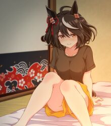 Rule 34 | 1girl, animal ears, blurry, blurry background, breasts, casual, cleavage, collarbone, commentary request, commission, door, futon, hair ornament, highres, horse ears, jacket, kitasan black (umamusume), looking at viewer, medium breasts, medium hair, pillow, red eyes, shiodanx, short hair, shorts, sitting, skeb commission, smile, solo, umamusume, unworn jacket