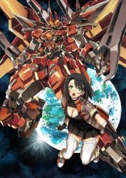 Rule 34 | 1girl, bad id, bad pixiv id, black hair, breasts, cleavage, cleavage cutout, clothing cutout, dual wielding, earth (planet), elbow gloves, fingerless gloves, garimpeiro, gloves, glowing, glowing eyes, green eyes, highres, holding, looking up, mecha, medium breasts, open mouth, orange eyes, original, planet, robot, thighhighs, v-fin