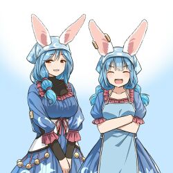 Rule 34 | 2girls, :d, animal ears, apron, blue apron, blue dress, blue hair, blue scarf, breasts, brown eyes, closed eyes, collarbone, commentary request, cosplay, covered collarbone, cowboy shot, crescent print, crossed arms, dress, earclip, frilled sleeves, frills, head scarf, highres, hololive, large breasts, long hair, looking at viewer, low twintails, medium bangs, mother and daughter, multiple girls, open mouth, pekomama, rabbit ears, rabbit girl, scarf, seiran (touhou), seiran (touhou) (cosplay), smile, square neckline, teeth, touhou, twintails, upper teeth only, usada pekora, virtual youtuber, yudepii