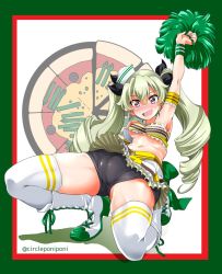 Rule 34 | 1girl, alternate costume, anchovy (girls und panzer), anzio (emblem), arm support, arm up, armband, back bow, bike shorts, black ribbon, black shorts, blush, boots, border, bow, breasts, cheerleader, coco&#039;s, commentary, cross-laced footwear, dixie cup hat, double horizontal stripe, drill hair, emblem, english text, frilled armband, frilled skirt, frills, girls und panzer, green border, green bow, green hair, hair ribbon, hat, holding, holding pom poms, inoue yoshihisa, lace-up boots, leaning back, long hair, looking at viewer, medium breasts, midriff, military hat, mini hat, miniskirt, navel, open mouth, outside border, pleated skirt, pom pom (cheerleading), pom poms, red border, red eyes, ribbon, shirt, shorts, shorts under skirt, skirt, smile, solo, squatting, strapless, thighhighs, tilted headwear, tube top, twin drills, twintails, twitter username, underboob, white footwear, white hat, white shirt, white skirt, white thighhighs, wristband