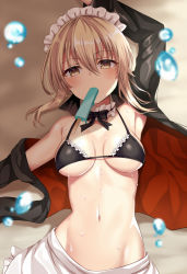 Rule 34 | 1girl, apron, armpits, artoria pendragon (all), artoria pendragon (alter swimsuit rider) (fate), artoria pendragon (alter swimsuit rider) (second ascension) (fate), artoria pendragon (fate), bad id, bad pixiv id, beach, bikini, black bikini, blonde hair, blush, braid, breasts, day, detached collar, fate/grand order, fate (series), food, frills, groin, harimoji, jacket, looking at viewer, lying, maid, maid bikini, maid headdress, medium breasts, mouth hold, navel, on back, open clothes, outdoors, popsicle, ribbon, saber alter, sand, shade, sidelocks, solo, stomach, sweat, swimsuit, unconventional maid, water drop, yellow eyes