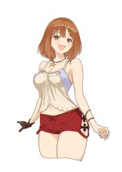 Rule 34 | 1girl, atelier (series), atelier ryza, black gloves, bracelet, brown eyes, brown hair, camisole, collarbone, cropped legs, gloves, hair down, highres, jewelry, looking at viewer, medium hair, midriff, navel, necklace, open mouth, red shorts, reisalin stout, shitaya tomoyuki, short shorts, shorts, simple background, single glove, solo, star (symbol), star necklace, white background, yellow camisole
