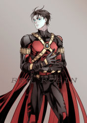 Rule 34 | 1boy, artist request, batman (series), belt, blue eyes, cape, character name, dc comics, gloves, male focus, red robin, simple background, solo, source request, tim drake