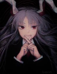 Rule 34 | 1girl, absurdres, animal ears, black background, crossed fingers, finger to mouth, highres, light smile, long hair, long sleeves, looking to the side, purple hair, rabbit ears, red eyes, reisen udongein inaba, shirt, solo, svveetberry, touhou, upper body, x fingers