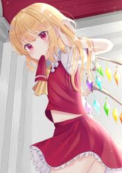 Rule 34 | 1girl, arm up, ascot, bad id, bad pixiv id, ceiling, commentary, cowboy shot, flandre scarlet, hair undone, hand in own hair, head tilt, highres, holding, holding own hair, indoors, light blush, light particles, looking at viewer, midriff peek, mouth hold, nibosi, no headwear, petticoat, puffy short sleeves, puffy sleeves, red eyes, red skirt, red vest, ribbon, ribbon in mouth, shirt, short hair with long locks, short sleeves, skirt, solo, standing, touhou, vest, white shirt, wings, yellow ascot
