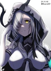Rule 34 | 1girl, abyssal ship, bodysuit, breasts, dated, dual persona, entombed air defense guardian princess, hachiware (8ware63), hair over one eye, highres, hood, hood up, kantai collection, large breasts, neckerchief, one-hour drawing challenge, parted lips, sailor collar, school uniform, serafuku, silver hair, simple background, solo, suzutsuki (kancolle), twitter username, upper body, white bodysuit, yellow eyes
