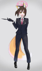 Rule 34 | 1girl, 2024, absurdres, alternate costume, animal ear fluff, animal ears, arm behind back, black footwear, black gloves, black pants, black suit, blue archive, brown hair, collared shirt, commentary request, dated commentary, empty eyes, eyes visible through hair, eyeshadow, floating hair, formal, fox ears, fox girl, fox tail, full body, furrowed brow, gloves, grey background, hair between eyes, halo, highres, holding, holding weapon, izuna (blue archive), izunasuki art, kunai, long sleeves, looking at viewer, makeup, necktie, ninja, open mouth, panicking, pants, pink halo, red necktie, shirt, shoes, short hair, simple background, solo, standing, suit, sweatdrop, tachi-e, tail, tearing up, tears, weapon, white shirt, wide-eyed, yellow eyes