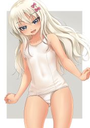 Rule 34 | 1girl, absurdres, blonde hair, border, breasts, collarbone, commentary request, cowboy shot, dark-skinned female, dark skin, grecale (kancolle), green eyes, grey background, hair ornament, hairclip, highres, kantai collection, long hair, makura (y makura), one-piece swimsuit, open mouth, school uniform, small breasts, smile, solo, standing, swimsuit, tan, two-tone background, wavy hair, white border, white one-piece swimsuit