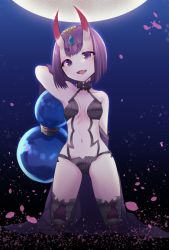Rule 34 | 1girl, backlighting, black background, blue background, blunt bangs, bob cut, breasts, breasts apart, collarbone, eyebrows, fang, fate/grand order, fate (series), gourd, gradient background, head tilt, horns, jewelry, kneeling, looking at viewer, monocco, moon, navel, oni, petals, purple eyes, purple hair, revealing clothes, short hair, shuten douji (fate), small breasts, solo, thick eyebrows, tsurime
