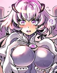 Rule 34 | 1girl, :o, ?, blush, bodysuit, breasts, covered erect nipples, flying sweatdrops, gem, hand on own chest, large breasts, looking at viewer, mimonel, nose blush, open mouth, palpa (terra battle), purple eyes, purple hair, solo, speech bubble, spoken question mark, terra battle, turtleneck, upper body