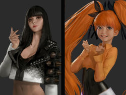 Rule 34 | 2girls, armlet, black bow, black hair, black nails, blunt bangs, bow, breasts, brown eyes, cleavage, clenched hand, concept art, grey background, grey eyes, hair bow, hand up, hands up, highres, hunting era, jacket, long hair, long sleeves, looking at viewer, midriff, multiple girls, nail polish, navel, orange hair, parted lips, realistic, sangsoo jeong, simple background, small breasts, smile, spiked armlet, studded jacket, twintails, upper body, very long hair
