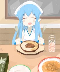 Rule 34 | 1girl, ^ ^, bare shoulders, blue hair, blush stickers, clenched hands, closed eyes, collarbone, cup, drink, drinking glass, eating, facing viewer, fork, hands up, happy, highres, holding, holding fork, holding spoon, ikamusume, indoors, knife, light particles, long hair, naaga sonomono, no lineart, open mouth, plate, pointy ears, pov across table, restaurant, shinryaku! ikamusume, sleeveless, smile, solo, spoon, straight-on, table, upper body, white headwear, wooden table