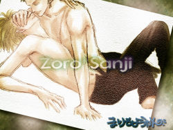 Rule 34 | 2boys, barefoot, black pants, blonde hair, earrings, closed eyes, green hair, hand over eyes, imminent kiss, jewelry, male focus, multiple boys, one piece, open fly, pants, roronoa zoro, sanji (one piece), scar, topless male, unzipped, yaoi