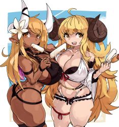Rule 34 | 2girls, absurdres, ahoge, anila (granblue fantasy), anila (summer) (granblue fantasy), black panties, blonde hair, breasts, brown eyes, butt crack, cleavage, commentary, corn dog, curvy, dark-skinned female, dark skin, draph, flower, food, food in mouth, granblue fantasy, hair flower, hair ornament, highres, horn ornament, horn ribbon, horns, huge breasts, jewelry, kumbhira (granblue fantasy), kumbhira (summer) (granblue fantasy), leg ribbon, long hair, multiple girls, o-ring, o-ring top, orange eyes, panties, pointy ears, popsicle, ribbon, ring, sheep horns, short eyebrows, shortstack, sideboob, sweat, symbol-only commentary, teeth, thick eyebrows, thick thighs, thigh ribbon, thighs, thong, underwear, upper teeth only, very long hair, wedding band, zanamaoria