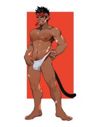 Rule 34 | 1boy, abs, bandaid, bandaid on arm, bara, black shirt, bulge, cat tail, check copyright, clothes pull, copyright request, dark-skinned male, dark skin, facial hair, full body, goatee, headband, large pectorals, male focus, male swimwear, mature male, muscular, muscular male, navel, navel hair, nipples, one-piece swimsuit pull, original, pectorals, pulled by self, seductive smile, shirt, short hair, sideburns, smile, solo, stomach, swim briefs, tail, thighs, topless male, wet, white male swimwear, yaowu