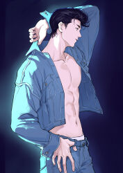 Rule 34 | 1boy, 4305869 (pixiv4305869), abs, absurdres, adjusting clothes, arm up, black hair, blue background, blue jacket, blue pants, blue theme, cowboy shot, from side, hand on own hip, highres, jacket, long sleeves, looking ahead, male focus, male underwear, mitsui hisashi, navel, pants, pompadour, profile, short hair, slam dunk (series), solo, underwear, white male underwear