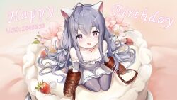 Rule 34 | 1girl, ahoge, animal ears, birthday, blush, bound, bound arms, breasts, brown dust 2, cake, cat ears, cat girl, chest tattoo, dress, eyebrows hidden by hair, feet, food, from above, fruit, grey hair, grey thighhighs, hair between eyes, hair ribbon, happy birthday, highres, long bangs, long hair, looking at viewer, off-shoulder dress, off shoulder, open mouth, purple eyes, ribbon, rou (brown dust), sitting, small breasts, smile, solo, strawberry, tattoo, thighhighs, user shfm3448, very long hair, wariza, white ribbon