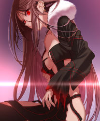 Rule 34 | 1girl, absurdres, black collar, black dress, black jacket, breasts, brown hair, cleavage, collar, yu mei-ren (fate), dress, ear piercing, fate/grand order, fate (series), fur-trimmed jacket, fur trim, highres, hinomoto madoka, jacket, long hair, long sleeves, looking at viewer, medium breasts, piercing, red eyes, revealing clothes, revision, sleeves past wrists, solo, strapless, strapless dress, very long hair