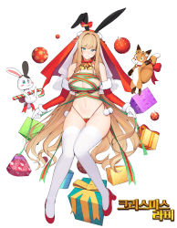 Rule 34 | 1girl, absurdres, animal ears, blonde hair, candy, candy cane, christmas, christmas ornaments, christmas present, fake animal ears, food, fox, g-string, gift, gloves, green eyes, habit, high heels, highres, migu (iws2525), mole, mole under eye, original, rabbit, rabbit ears, red footwear, thighhighs, thong, white gloves, white thighhighs, wrapped up