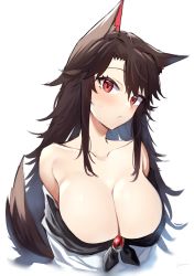 Rule 34 | 1girl, animal ears, bare shoulders, blush, breasts, brooch, brown hair, cleavage, commentary request, dress, head tilt, imaizumi kagerou, jewelry, large breasts, long hair, looking at viewer, off-shoulder dress, off shoulder, partial commentary, red eyes, simple background, solo, suminagashi, touhou, upper body, white background, white dress, wolf ears