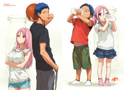 Rule 34 | 1boy, 1girl, age comparison, aged down, aomine daiki, apron, back-to-back, ball, basketball, basketball (object), blue hair, bottle, breasts, child, crossed arms, dark skin, drinking, dual persona, glass, hair ornament, height difference, kuroko no basuke, large breasts, long hair, looking at another, milk, momoi satsuki, no shoes, okada (okada zari), pink eyes, pink hair, pink legwear, pout, scrunchie, short hair, short twintails, shorts, skirt, socks, standing, twintails, underwear