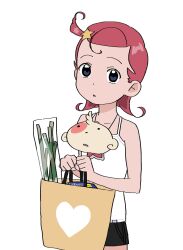 Rule 34 | 1girl, :o, ahoge, bag, bare shoulders, black shorts, blue eyes, brown bag, collarbone, comet (comet-san), cosmic baton girl comet-san, cowboy shot, doppelschwert, hair ornament, head tilt, heart, heart print, highres, holding, holding bag, jewelry, looking at viewer, necklace, one side up, open mouth, pink hair, print bag, print tank top, shopping bag, short hair, shorts, simple background, solo, spring onion, standing, star (symbol), star hair ornament, star print, tank top, white background, white tank top