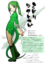 Rule 34 | 1girl, character profile, eyelashes, full body, gujira, iguana, lizard, own hands together, personification, solo, standing, tail, translation request, white background