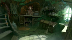 Rule 34 | 1girl, aquamary, broom, candle, cash register, cloak, female focus, indoors, original, plant, potted plant, register, shop, solo, stairs, sunlight, treasure chest, wallpaper, window