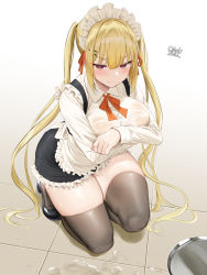 Rule 34 | 1girl, black footwear, black skirt, black thighhighs, blonde hair, blush, bra visible through clothes, breasts, brown eyes, commentary request, covering privates, covering chest, frilled skirt, frills, hair between eyes, hair ornament, hairclip, highres, large breasts, looking at viewer, maid, maid headdress, no bra, oekakizuki, original, red eyes, see-through, shirt, sidelocks, signature, skindentation, skirt, solo, spill, squatting, thick thighs, thighhighs, thighs, tray, twintails, wet, wet clothes, wet shirt